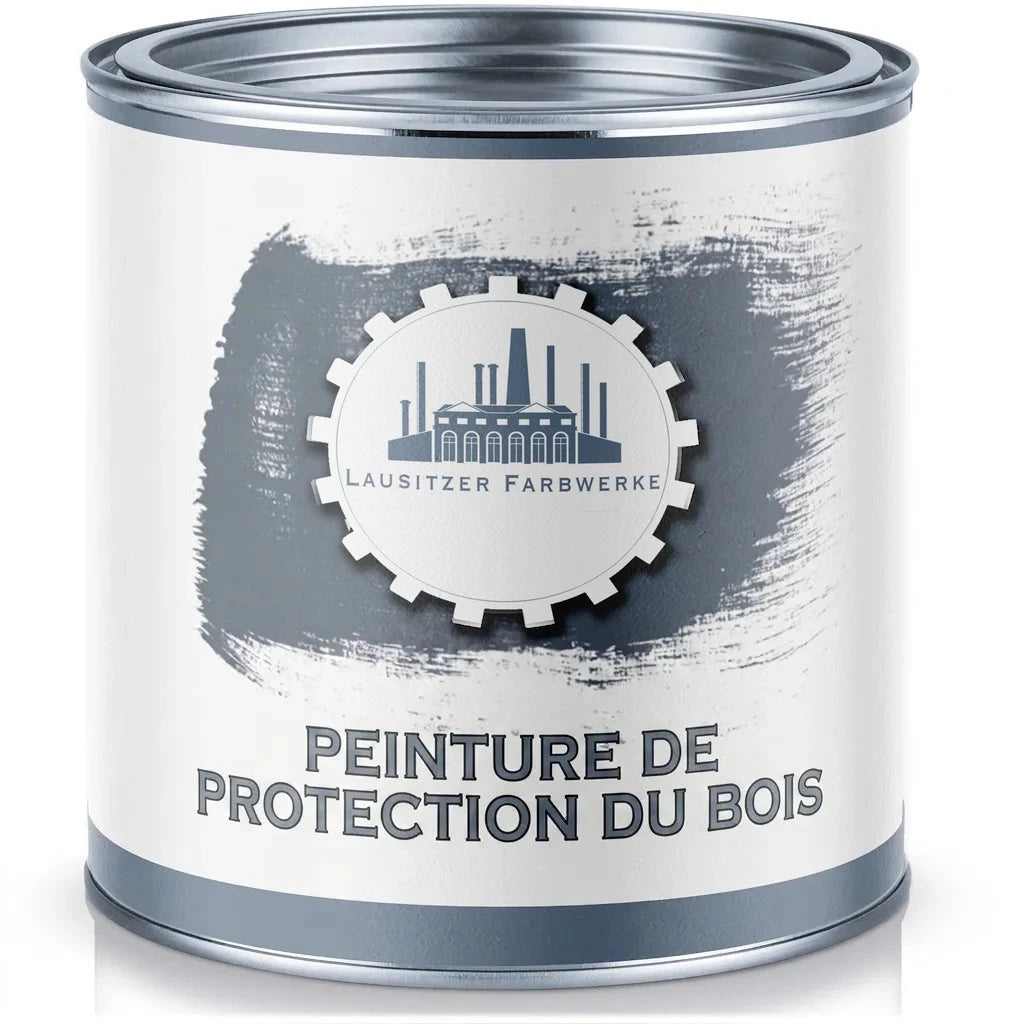 Pot de peinture métallique blanc avec logo LAUSITZER FARBWERKE et l'inscription HOLZSCHUTZFARBE.