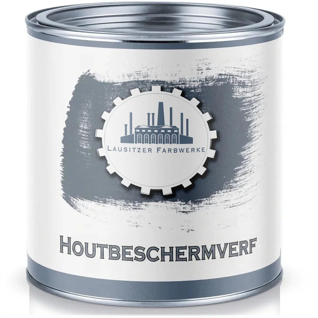 Metalen blik Lausitzer Farbwerke houtbeschermingsverf (grijs), met fabrieksembleem op etiket.