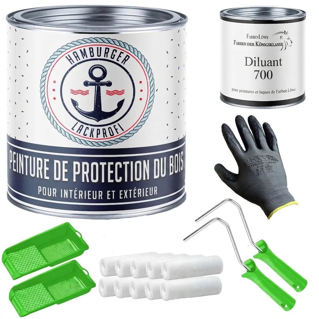 Kit complet de peinture bois: peinture, diluant, gants, bacs à peinture, rouleaux et poignées.