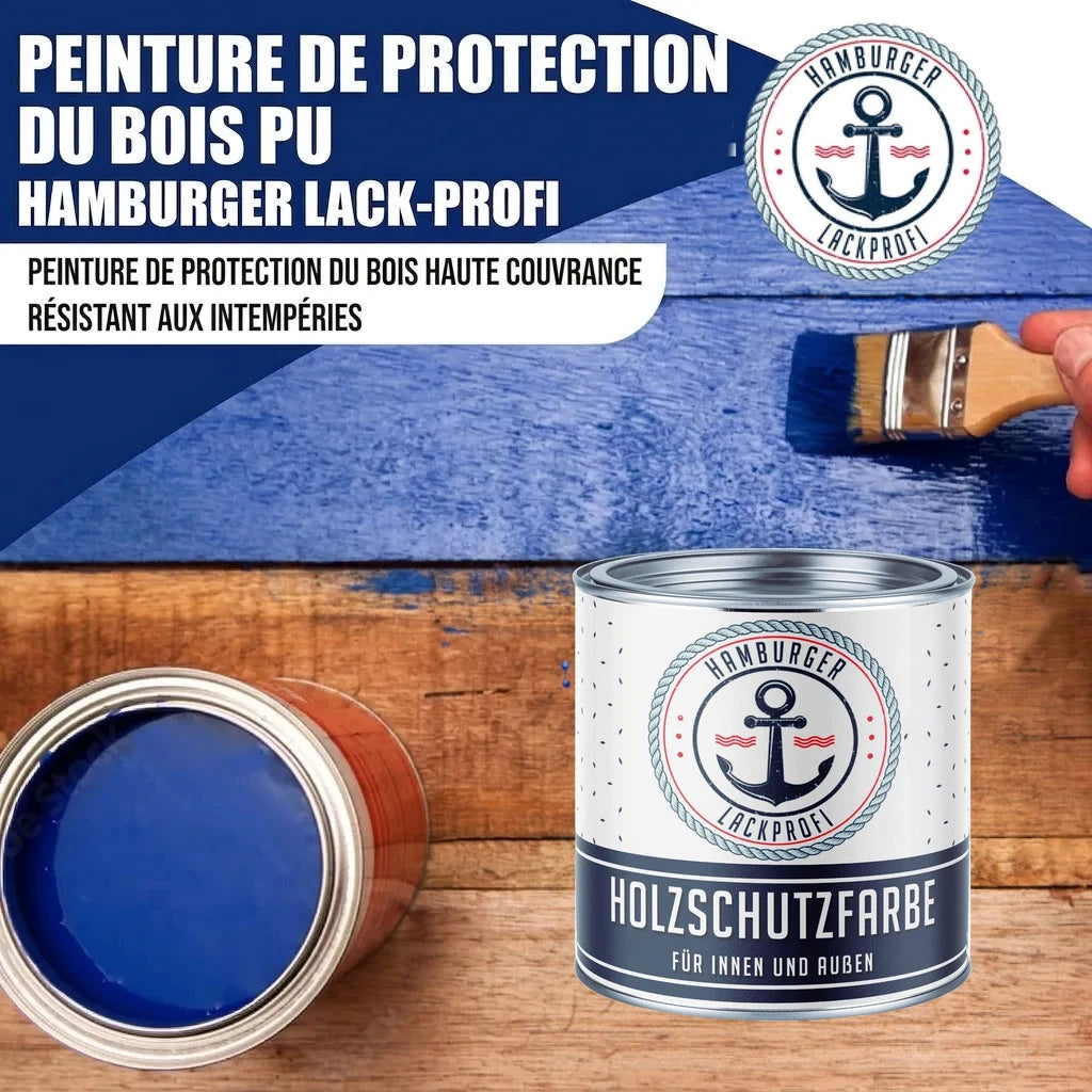 Peinture bois bleue Hamburger Lack-Profi appliquée au pinceau sur une planche en bois