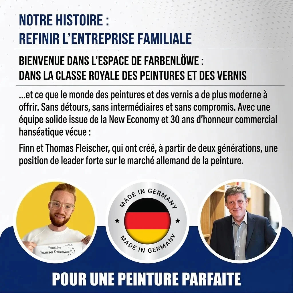 Publicité allemande pour une entreprise familiale de peinture, présentant les fondateurs et des labels "Made in Germany".
