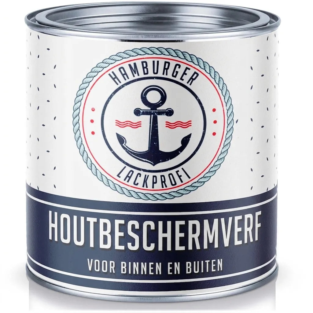 Hamburger Lackprofi houtbeschermingsverf, voor binnen en buiten, in een witte blik met ankerlogo.