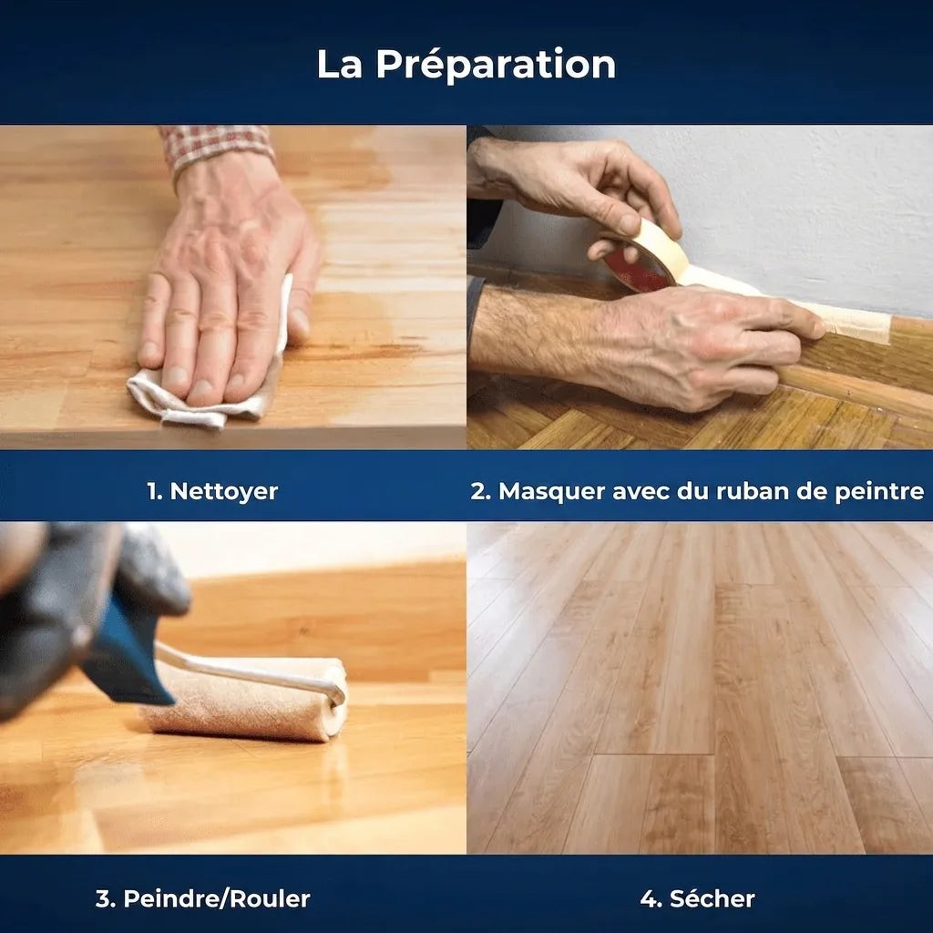 Guide de préparation en 4 étapes pour un sol en bois : nettoyer, masquer, appliquer le produit et laisser sécher.