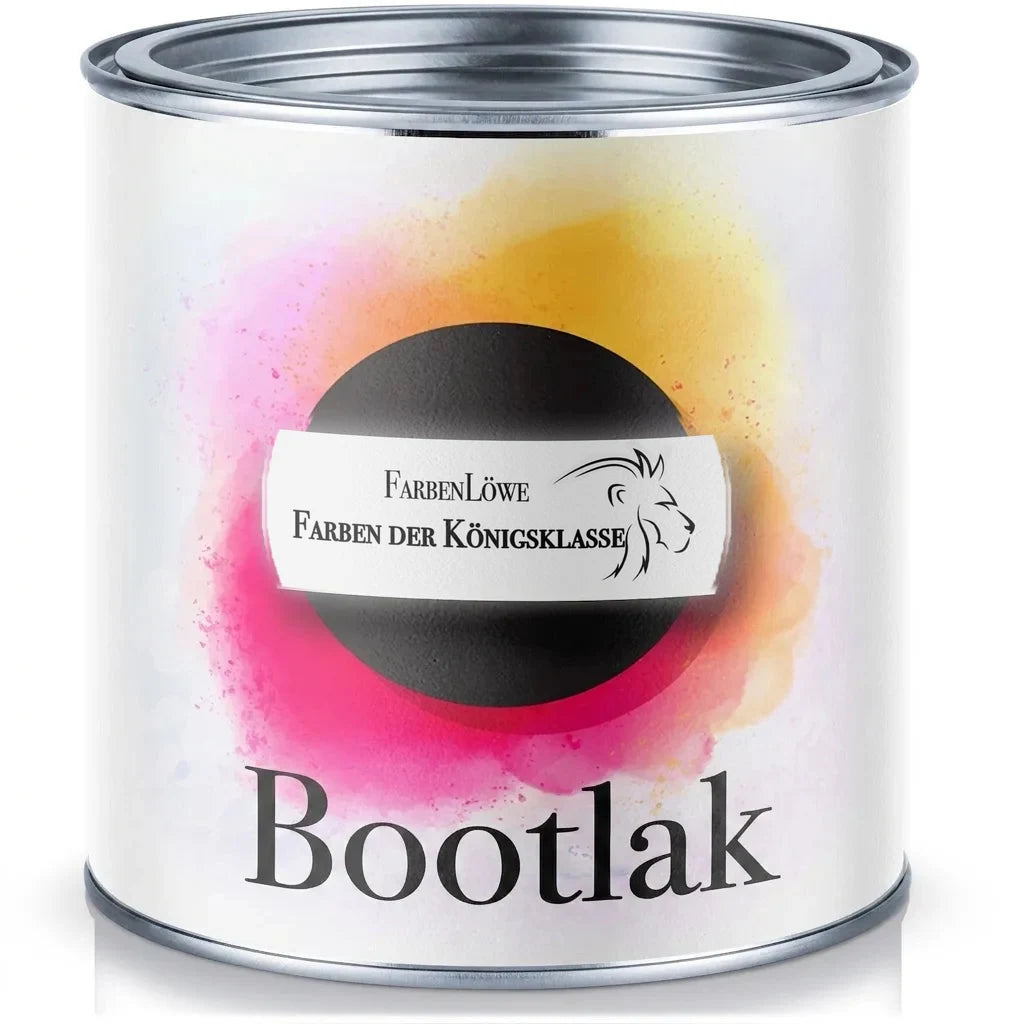 FarbenLöwe bootlak in een wit verfblik met kleurrijke spatten en koningsklasse logo.