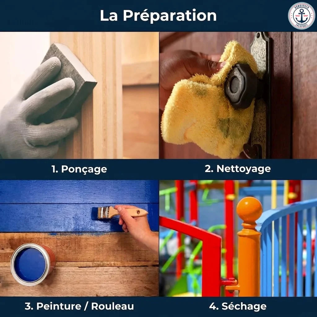 Étapes pour peindre : poncer, nettoyer, appliquer la peinture bleue sur bois, puis laisser sécher.