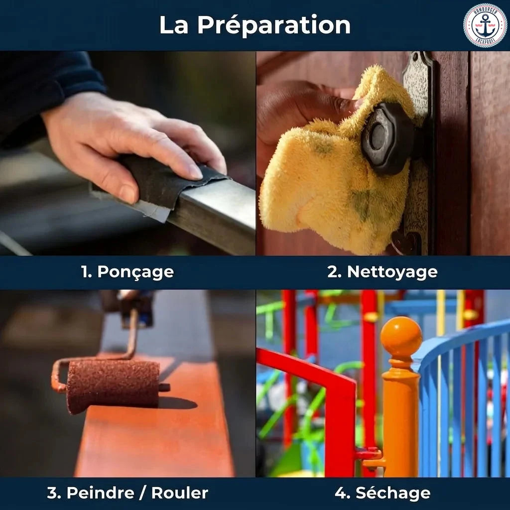 Les 4 étapes de préparation : ponçage, nettoyage, application de peinture au rouleau et séchage. Guide pratique.