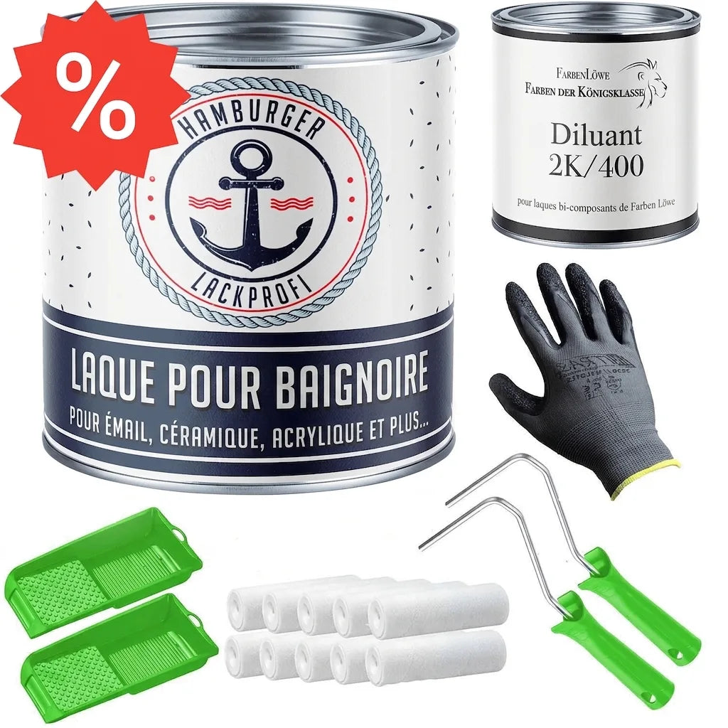 Kit peinture baignoire 2K Hamburger Lackprofi: laque émail, diluant, gants, rouleaux, bacs.