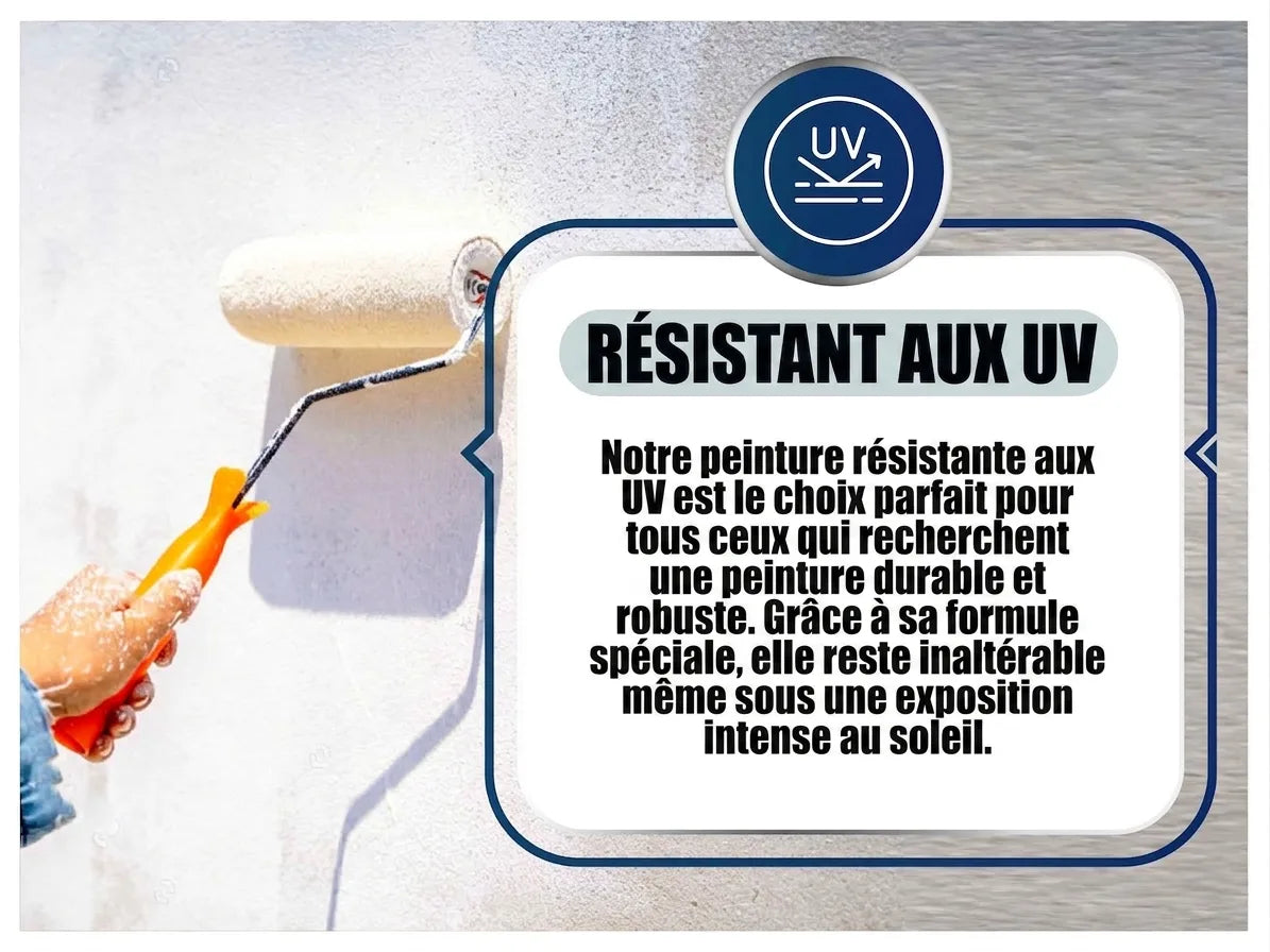 Peinture murale blanche UV-résistante appliquée. Formule robuste pour une couleur durable face au soleil.