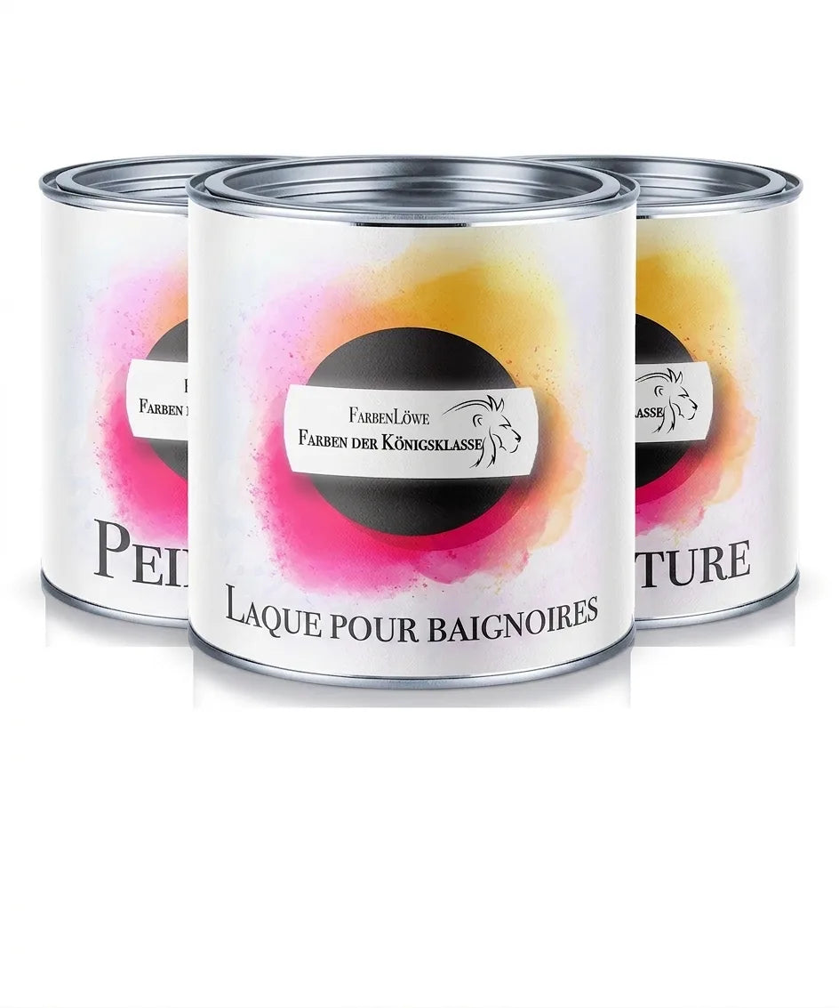Trois pots de peinture Farben Löwe, dont une laque de rénovation pour baignoire.