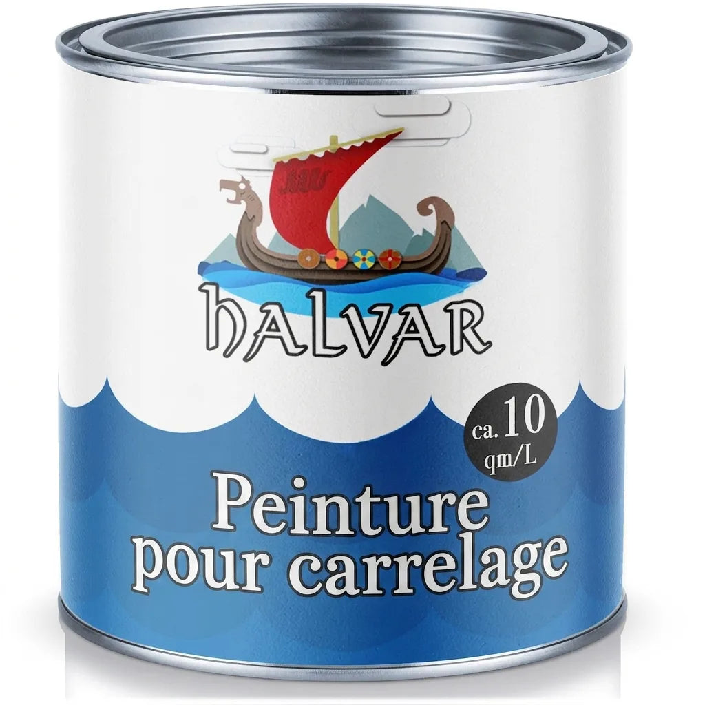 Pot de peinture blanc et bleu HALVAR pour carrelage avec drakkar viking et rendement env. 10 m²/L.
