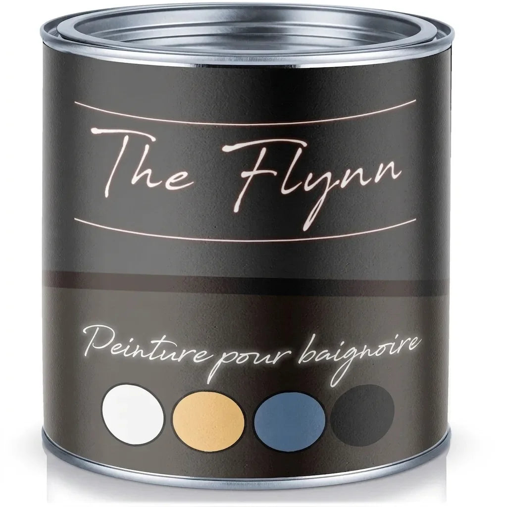 Bidon de peinture "The Flynn" pour baignoire (Badewannenlack), avec échantillons de couleurs blanc, beige, bleu et noir.