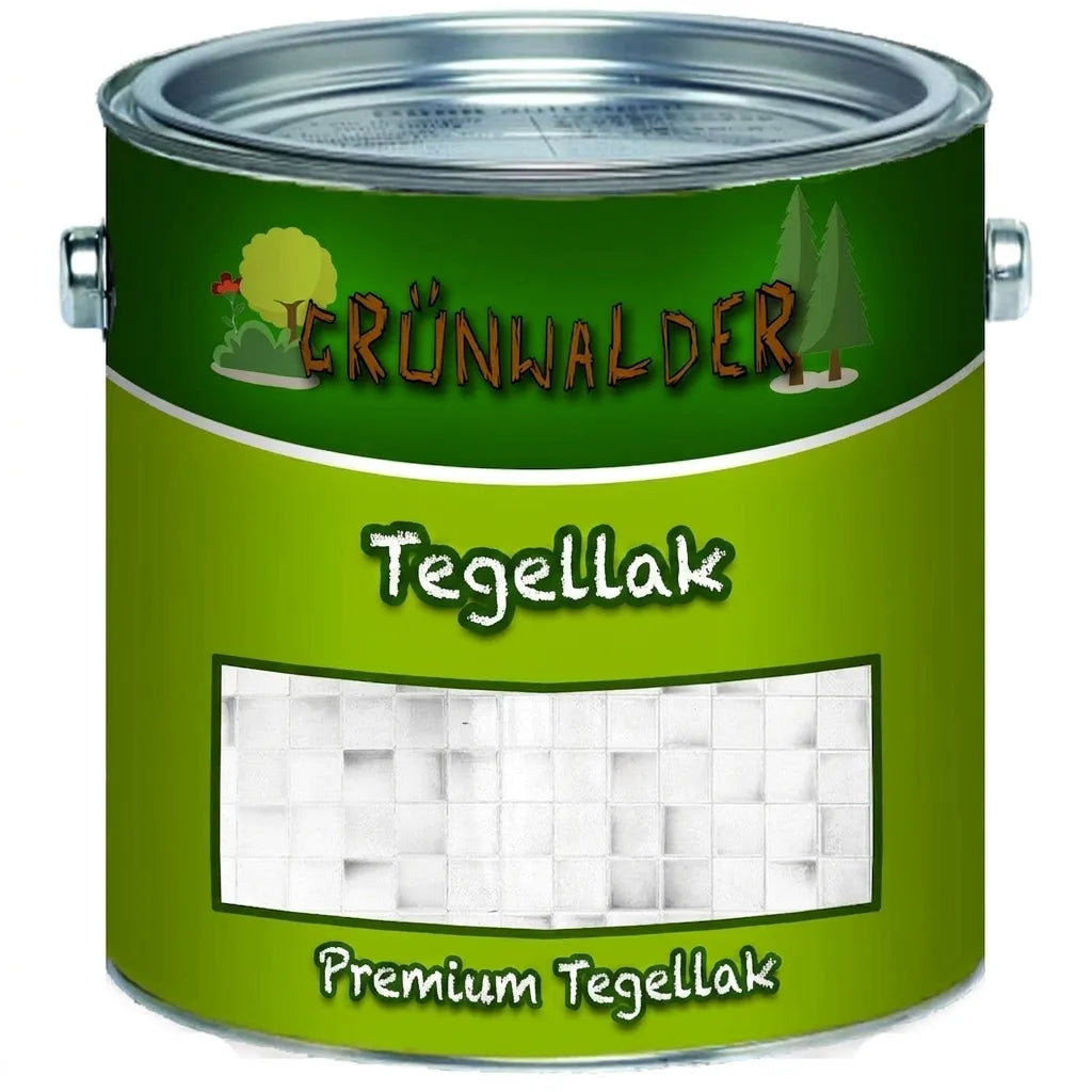 Groen verfblik met Grünwalder Premium Fliesenlack label en afbeelding van witte tegels.