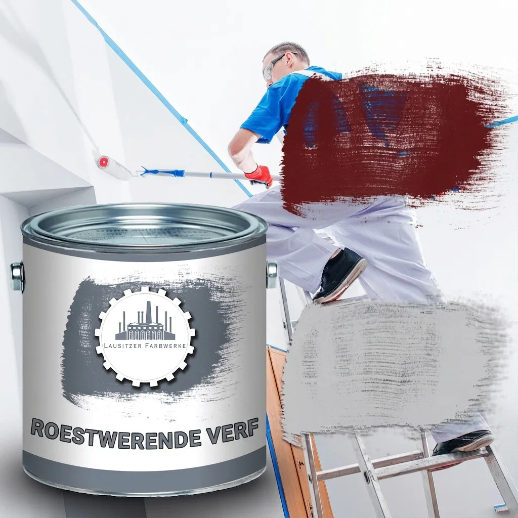 Een blik roestwerende verf van Lausitzer Farbwerke in de voorgrond, met een schilder op een ladder op de achtergrond die een muur wit schild