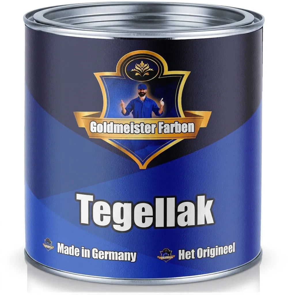 Blauw Goldmeister Farben tegellak verfblik met Duitse tekst: Fliesenlack, Made in Germany, Das Original.