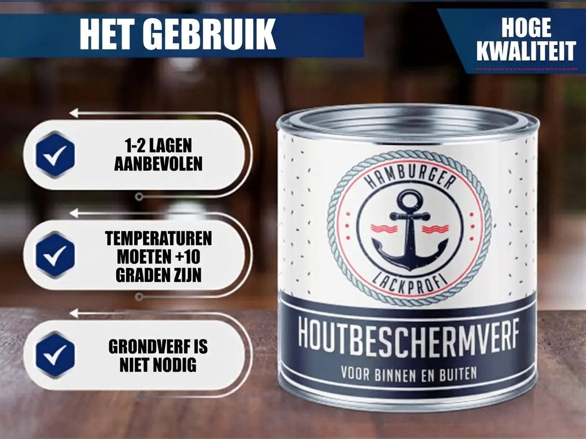 Blik Hamburger Lackprofi houtbeschermingsverf binnen/buiten, gebruik: 1-2 lagen, min. 10°C, geen primer. Hoge kwaliteit.
