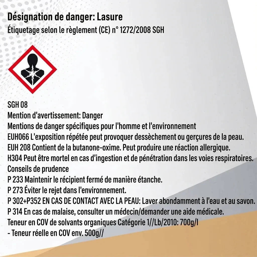 Étiquette de sécurité GHS pour un produit de type lasure, avec pictogramme de danger et conseils.