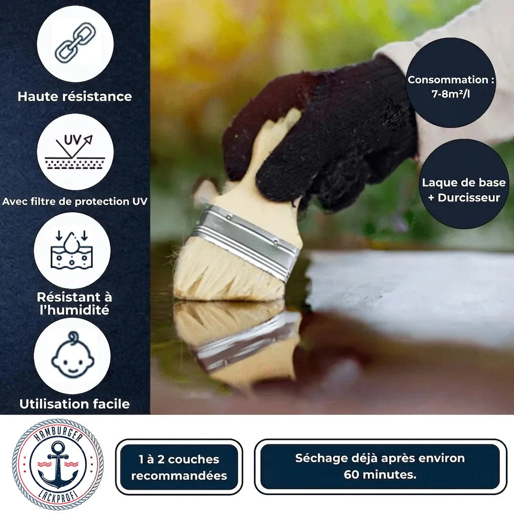 Peinture application pinceau, textes listant caractéristiques: durabilité, anti-UV, résistance humidité, séchage rapide.