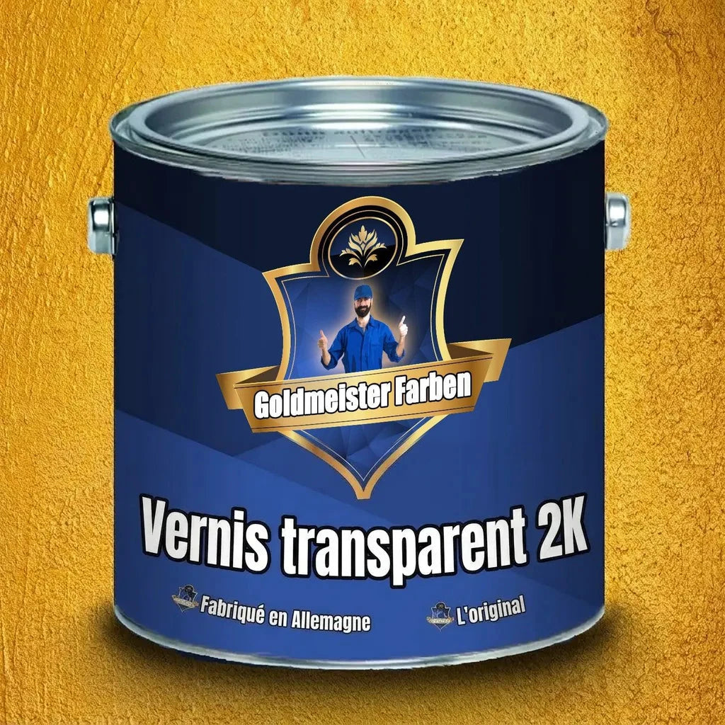 Pot bleu de vernis transparent 2K Goldmeister Farben sur fond texturé doré, fabriqué en Allemagne, l'original