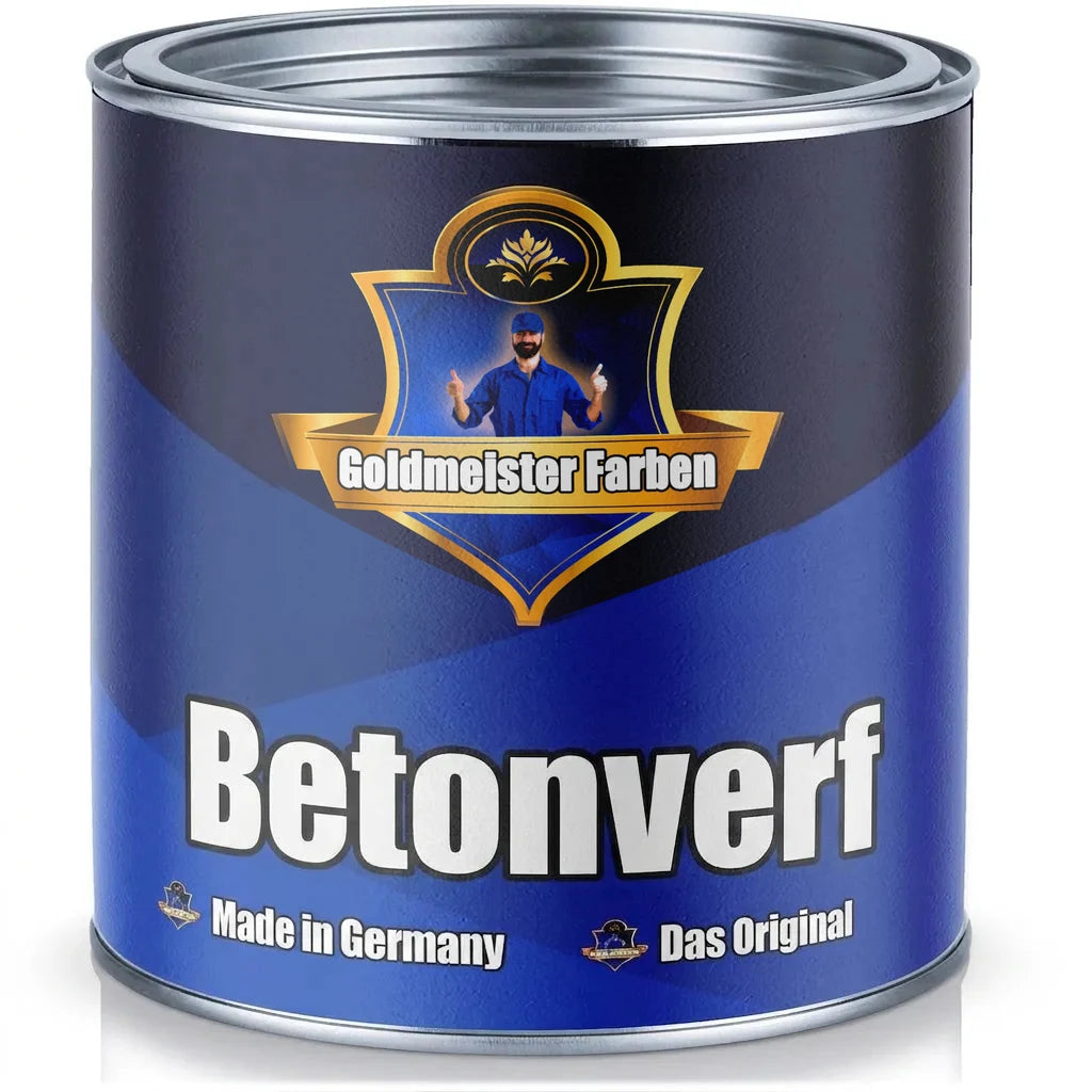 Blauw blik Goldmeister Betonfarbe (betonverf), met opschrift Made in Germany en Das Original.