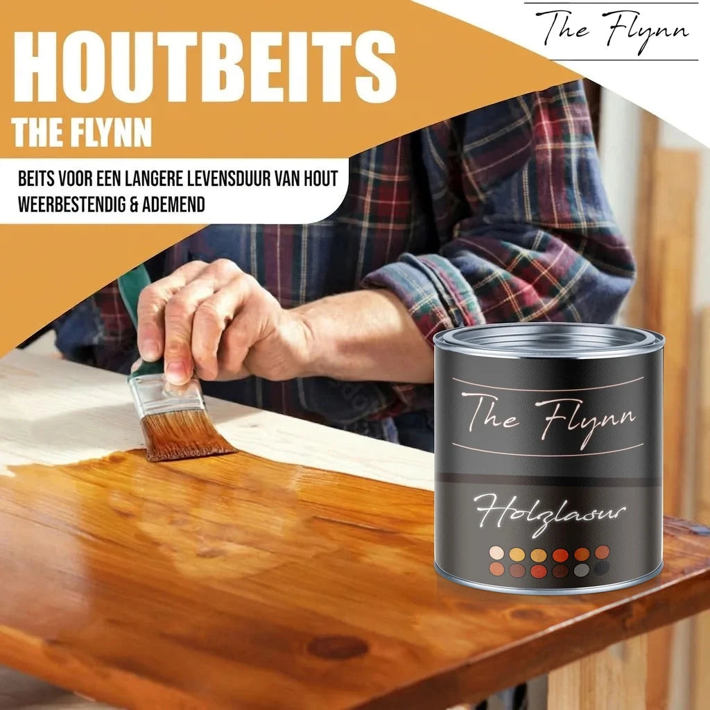 The Flynn houtbeits: man beitst een houten plank, blik met The Flynn in beeld