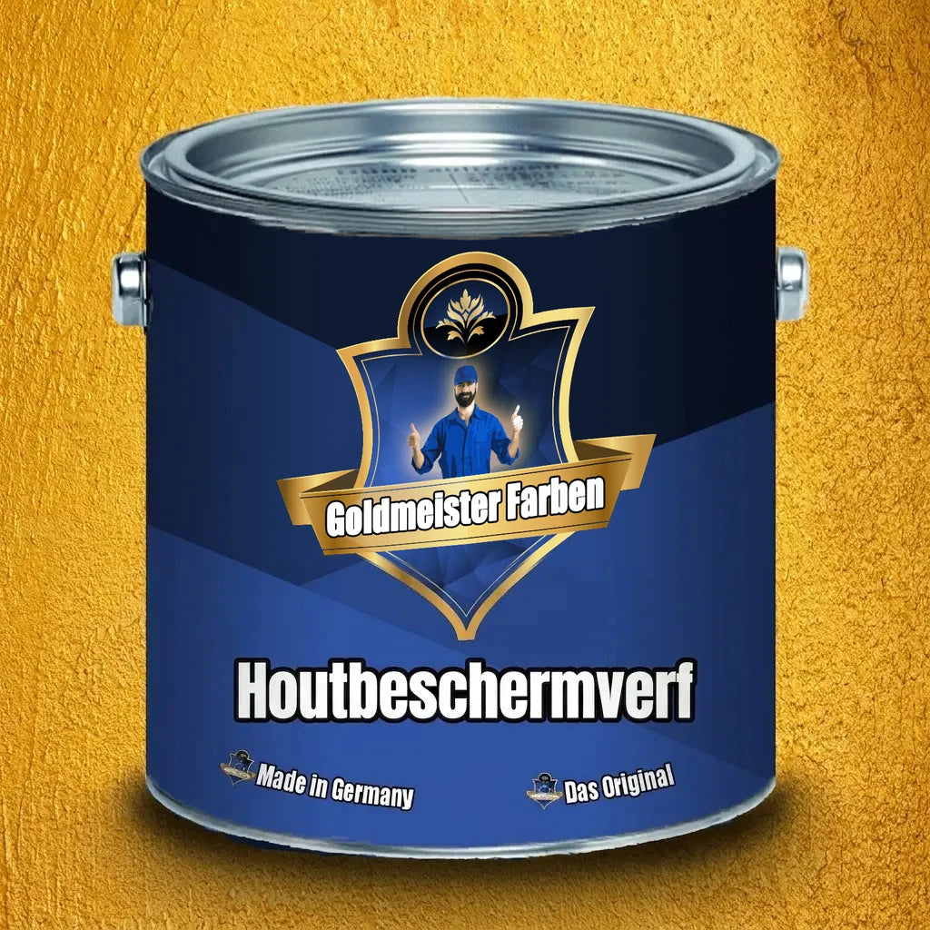 Blauw verfblik met Goldmeister Farben houtbeschermingsverf, geproduceerd in Duitsland, het origineel.