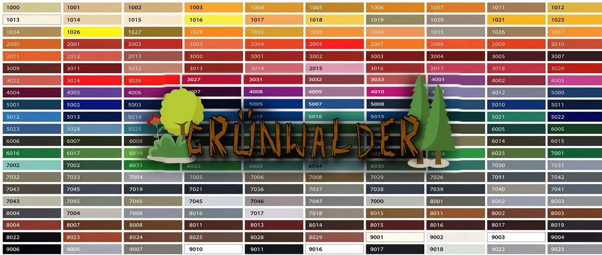 Nuancier de couleurs avec le texte stylisé "Grünwalder" et des motifs d'arbres.