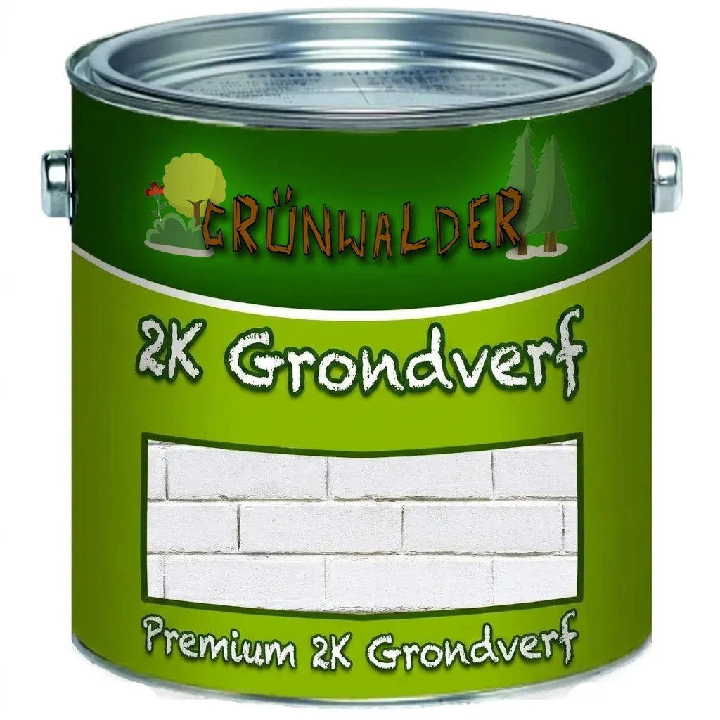 Groen Grūnwalder 2K premium grondverfblik met voorbeeld van witte bakstenen op het etiket.