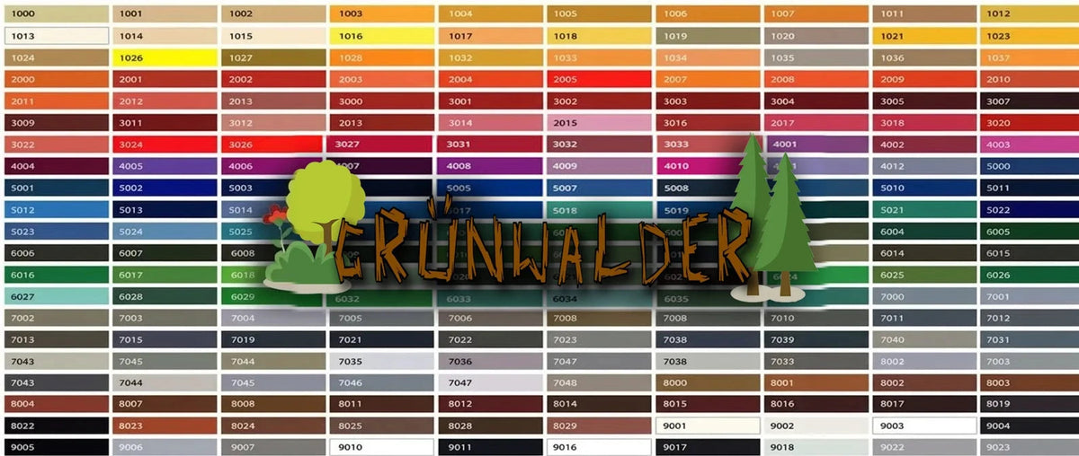Grote kleurenkaart met RAL-codes, inclusief het woord GRÜNWALDER en bosillustraties.