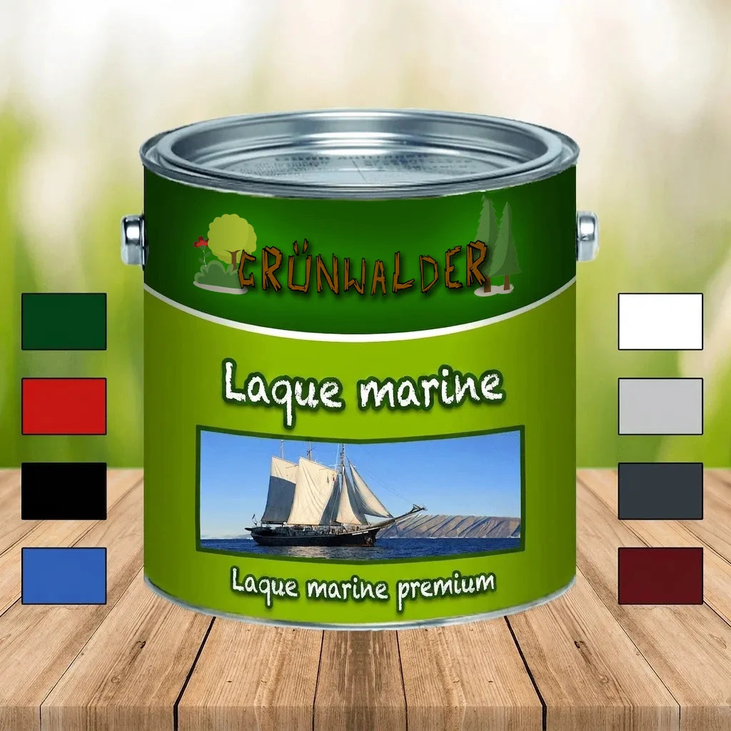 Pot de vernis marin premium Grünwalder avec nuancier et logo de la marque