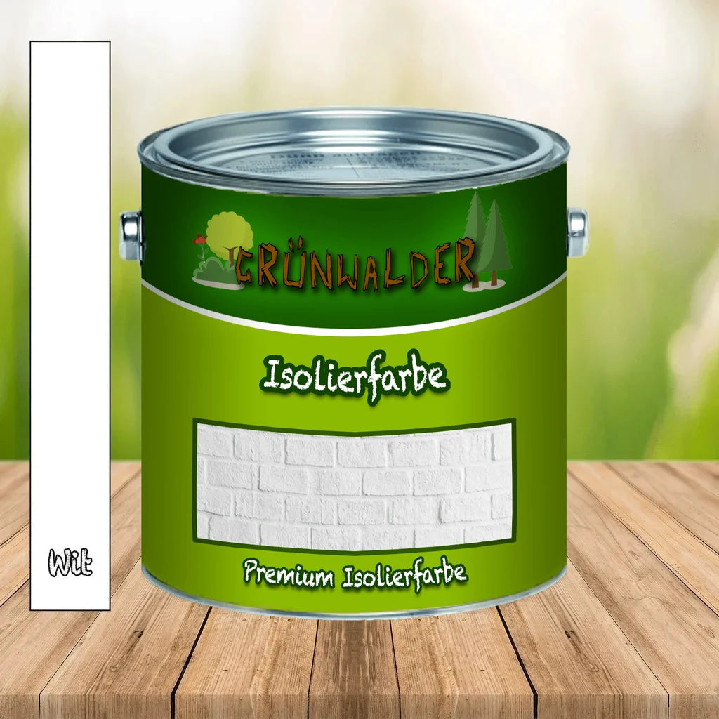 Grünwalder isolerende verf: groen blik op een houten tafel met witte kleur en baksteenpatroon