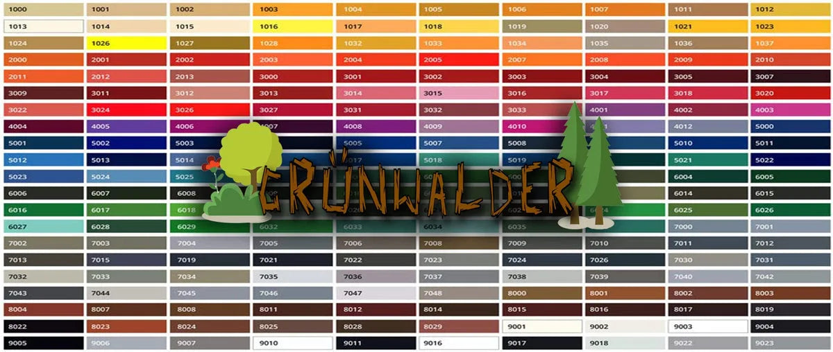Nuancier de couleurs RAL avec le titre Grünwalder et des illustrations de forêt.