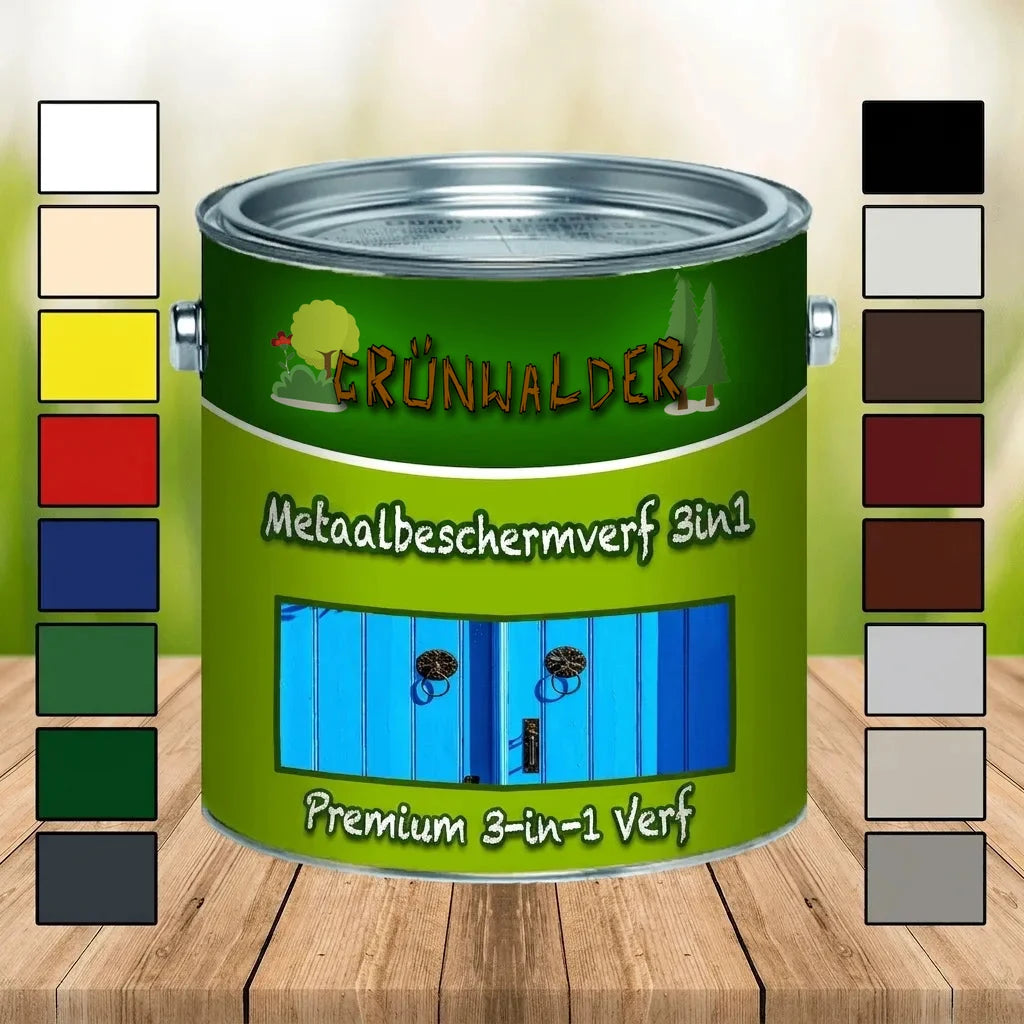 Groene verfblik met metaalbeschermende 3-in-1 verf, omringd door kleurstalen in diverse kleuren, op een houten tafel.