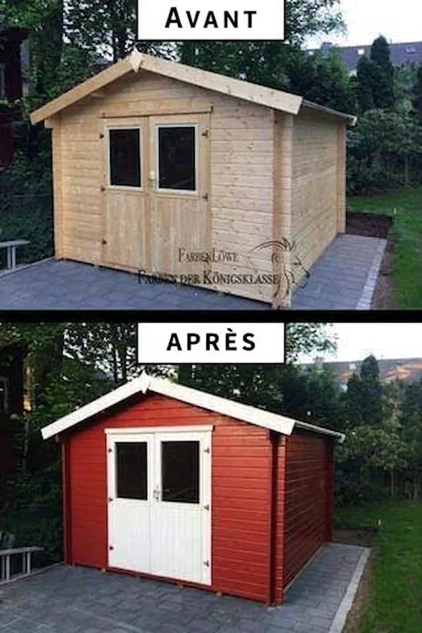 Abri de jardin en bois avant (naturel) et après (peint en rouge, portes blanches).
