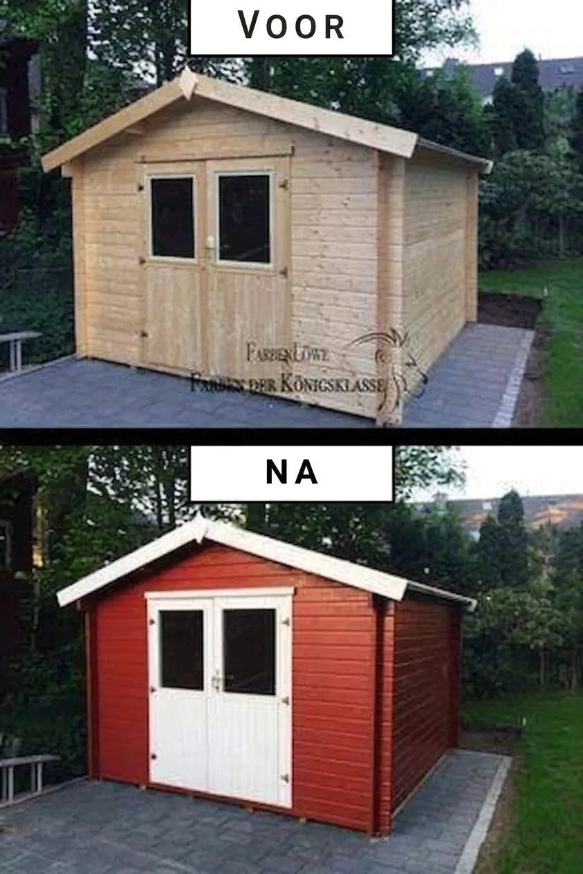 Vóór en na foto van een tuinhuisje, geschilderd in rood met witte deuren, met Duitse teksten 'Vóór' en 'Na'.