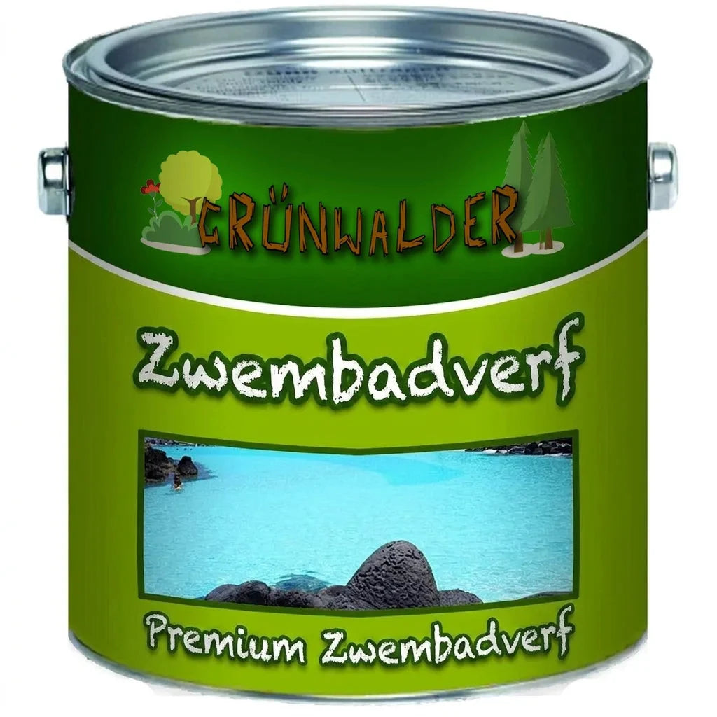 Groene verfblik Grünwalder Premium zwembadverf, met afbeelding van turquoise zwembadwater.