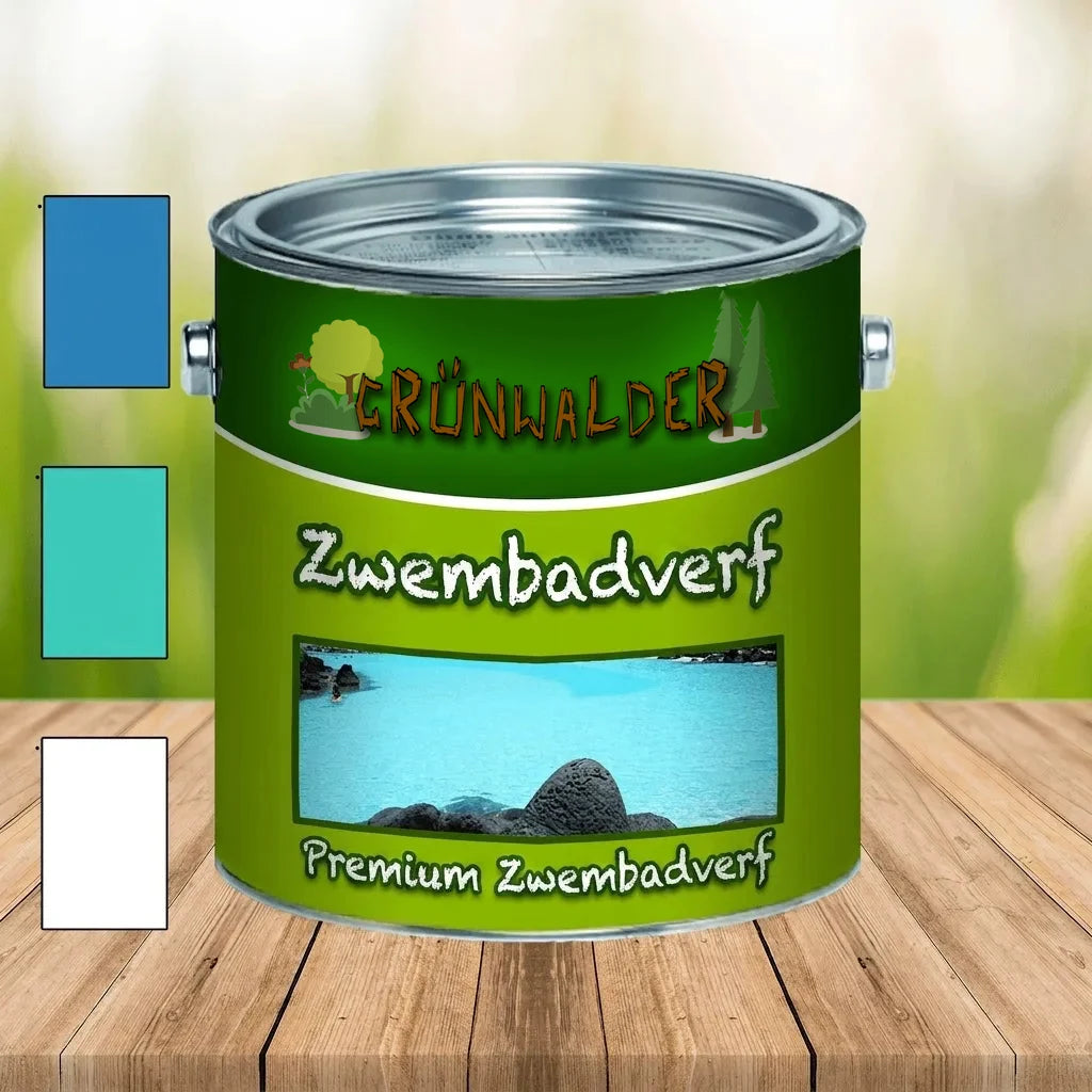 Groene blik zwembadverf op houten tafel met blauwe, aqua en witte kleurstalen, toont waterafbeelding.