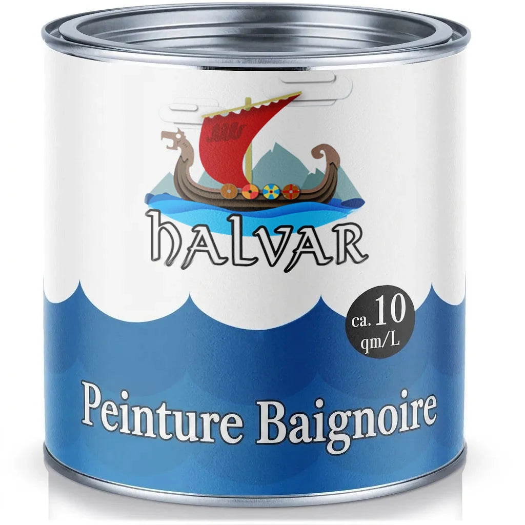 Pot de peinture HALVAR pour baignoire, avec logo de drakkar. Rendement d'environ 10 m²/L.