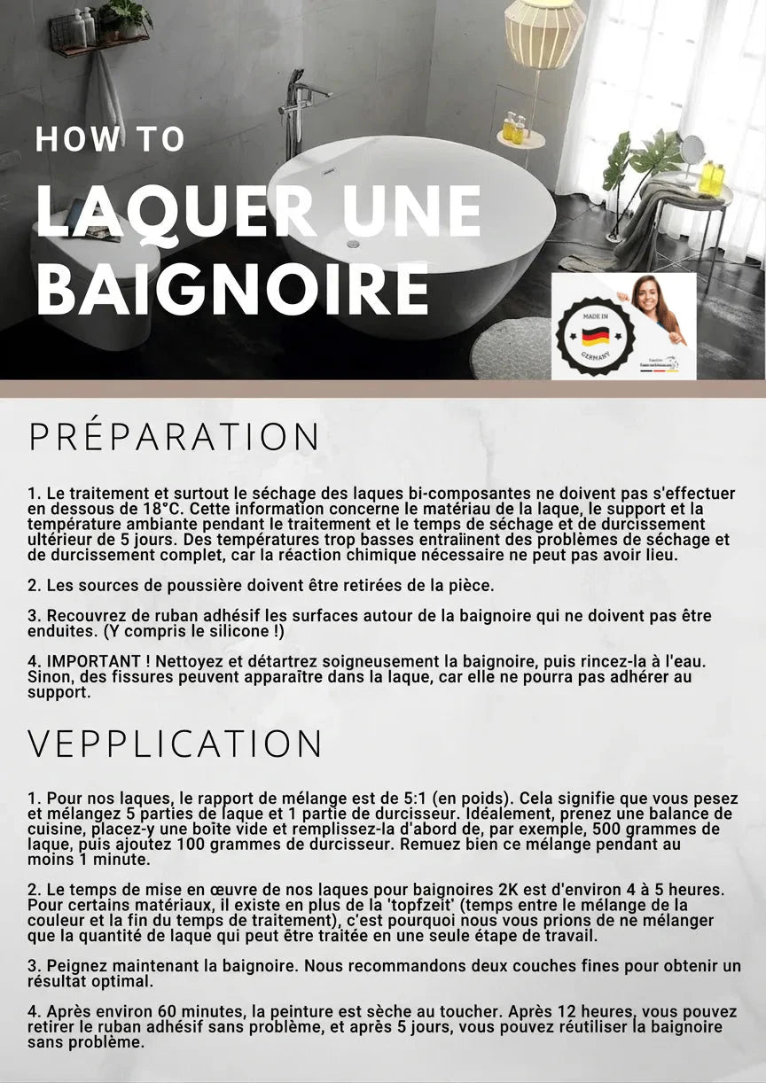 Instructions détaillées en allemand pour peindre une baignoire, avec image d'une baignoire moderne et badge 'Made in Germany'.