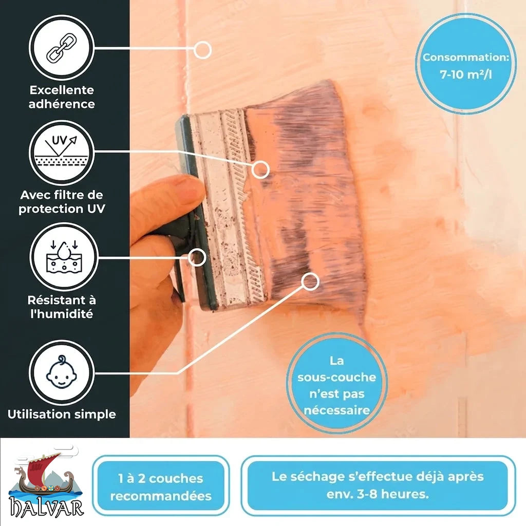Publicité peinture HALVAR: application au pinceau, haute adhérence, UV, résiste humidité, facile, sans apprêt, séchage rapide.