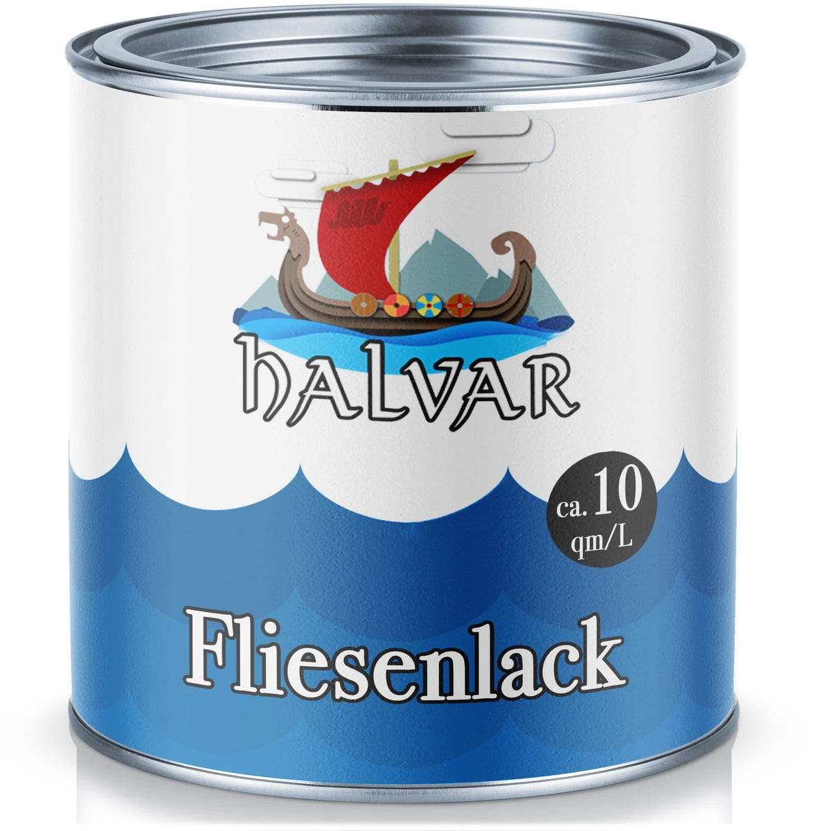 Halvar tegellak verfblik met vikinglogo op de voorkant, dekkingsinformatie van ca. 10 m²/L.