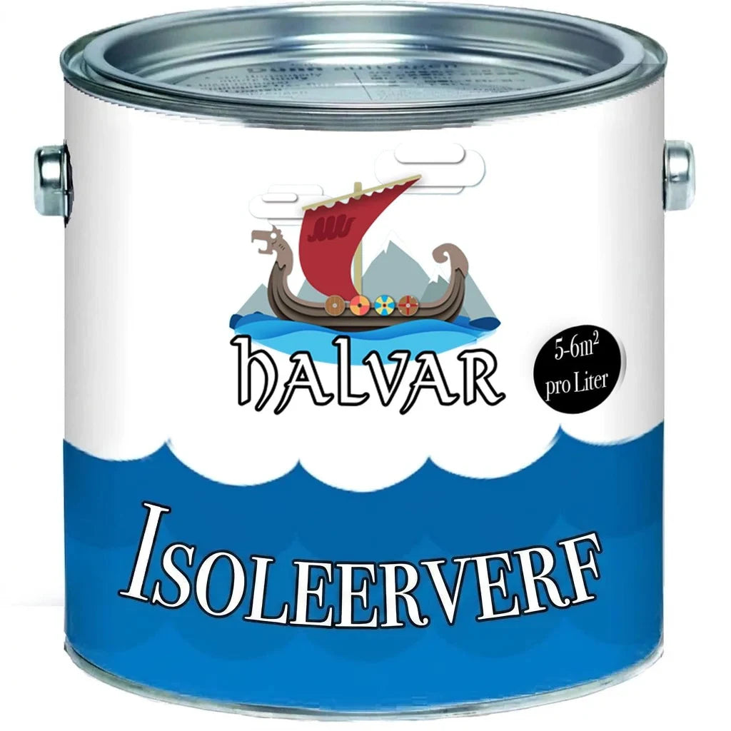 Halvar isolerende verfblik met Viking schip logo, met label 5-6m² per liter