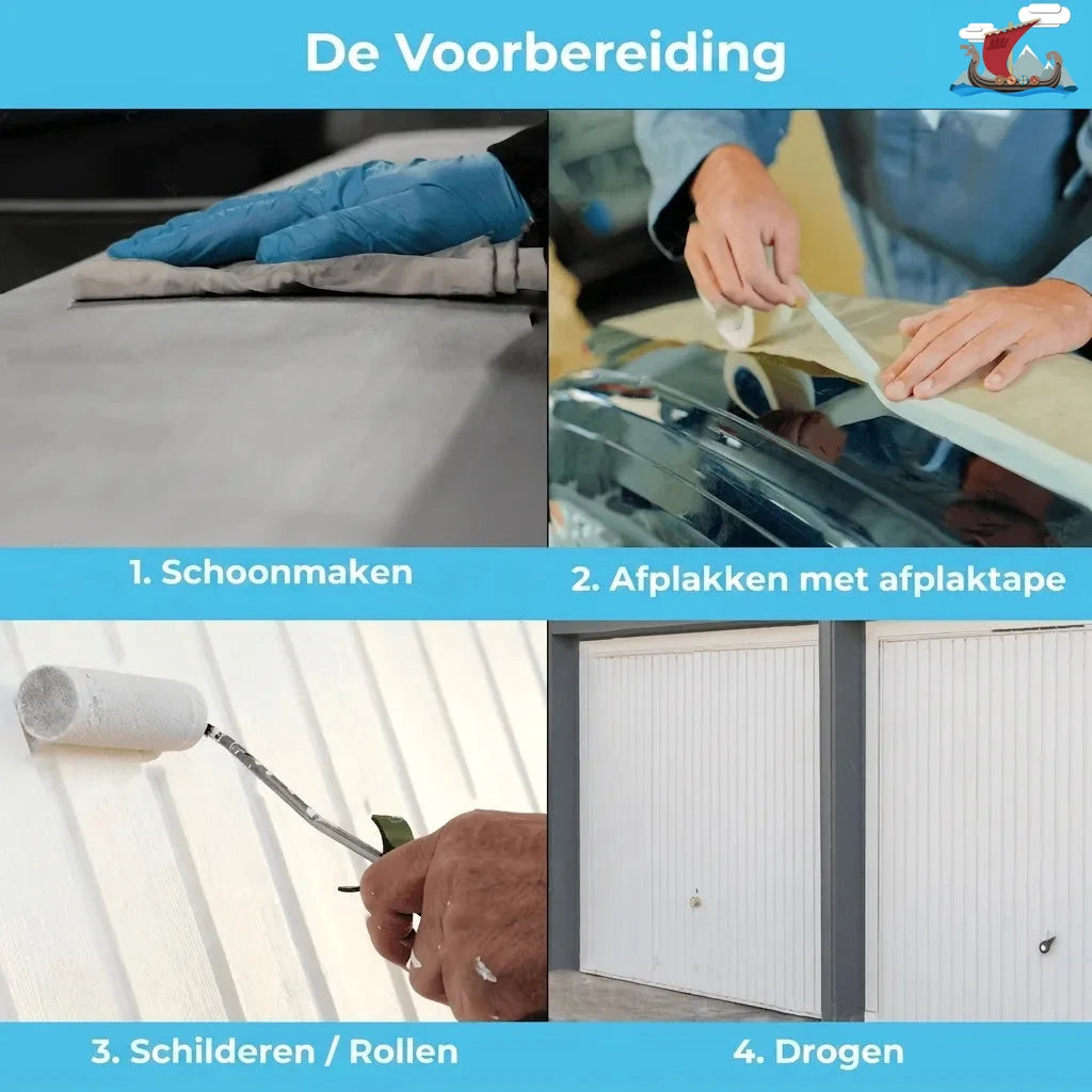 Vier stappen voor verfvoorbereiding: reinigen, afplakken, schilderen en drogen van een oppervlak of muur.