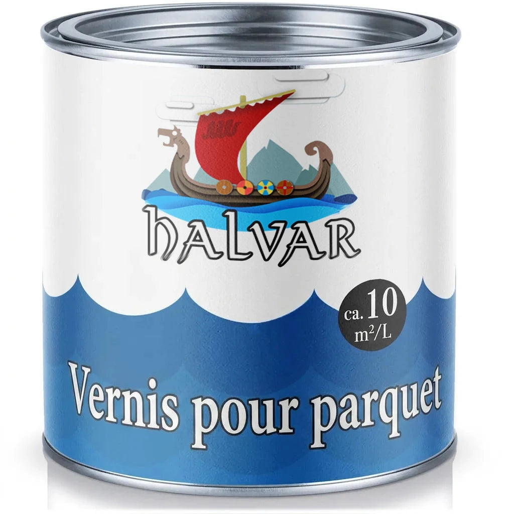 Pot de vernis à parquet Halvar bleu et blanc avec un logo de bateau viking et l'inscription Parkettlack.