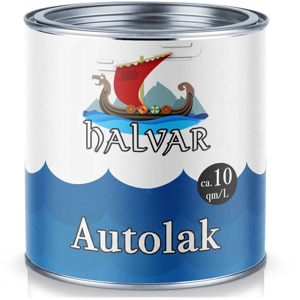 HALVAR auto lakblik met Vikingschip logo en specificaties (ongeveer 10 m²/L)