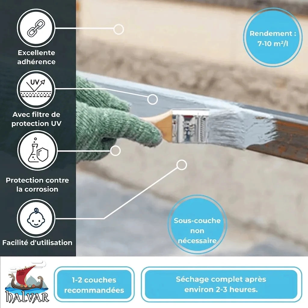 Peinture antirouille Halvar sur métal : forte adhérence, protection UV, anticorrosion, séchage rapide