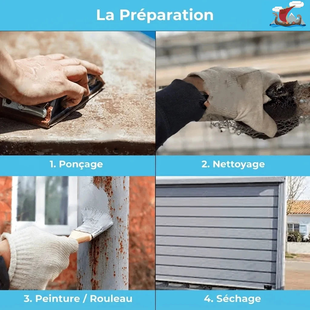Étapes avant l'application : ponçage de la rouille, nettoyage, pinceau, séchage d'une porte