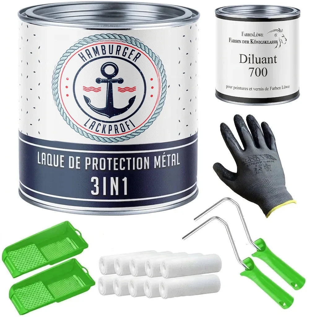 Kit peinture : laque protection métal Hamburger Lackprofi 3en1, diluant, gants, rouleaux et bacs.