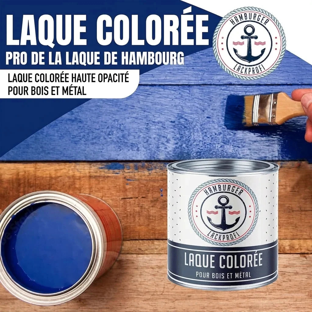 Laque colorée Hamburger Lack-Profi, planches peintes en bleu, pot ouvert et pot fermé au premier plan