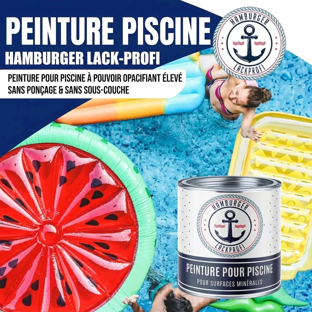 Peinture piscine Hamburger Lack-Profi, bassin avec bouées gonflables et baigneuse, pot au premier plan