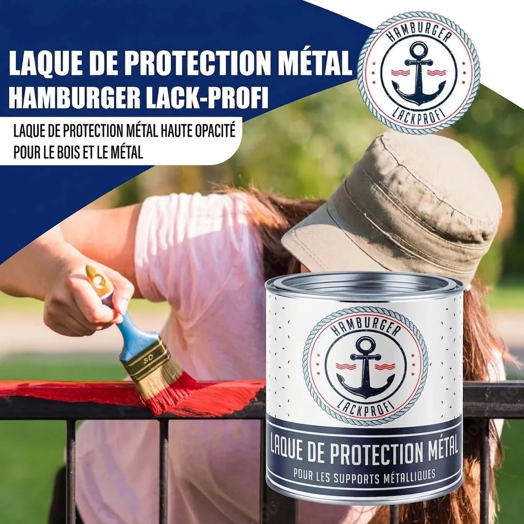 Laque de protection métal Hamburger Lack-Profi, femme au chapeau peignant une grille en rouge, pot au premier plan